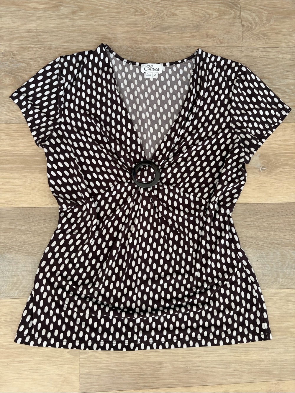 Chaus Brown White Polka Dot Ring Detail Top